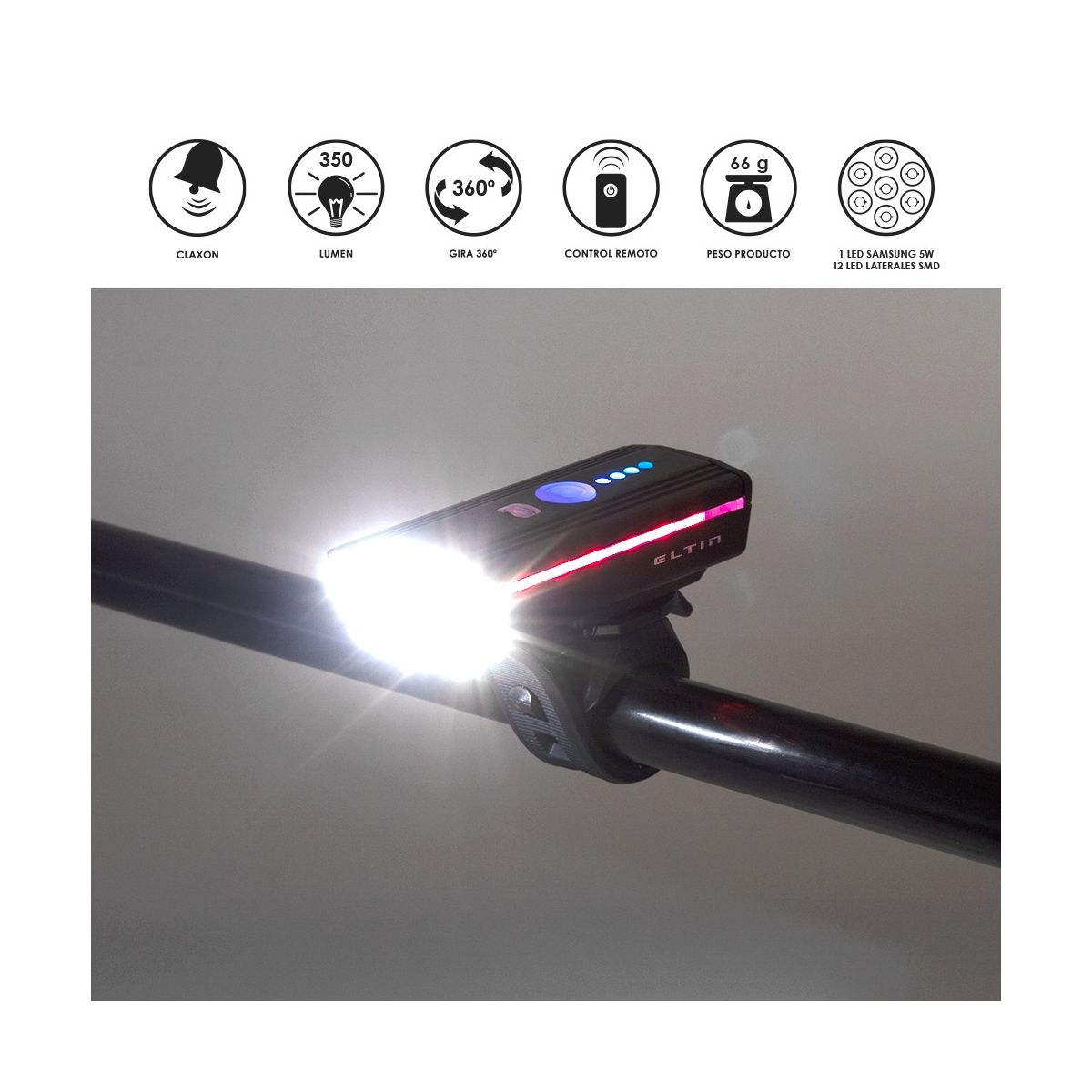 Luz delantera con bocina Eltin Control Remoto 350 Lumens