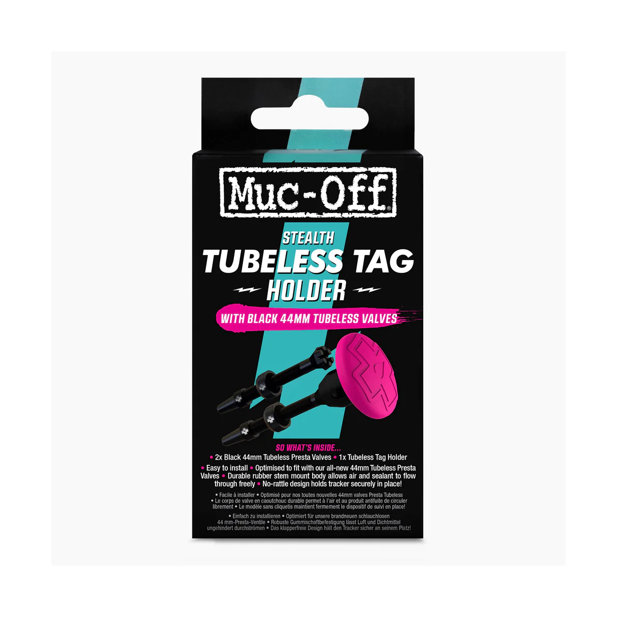 Kit Soporte y valvula porta AirTag de Muc-Off vista packaging