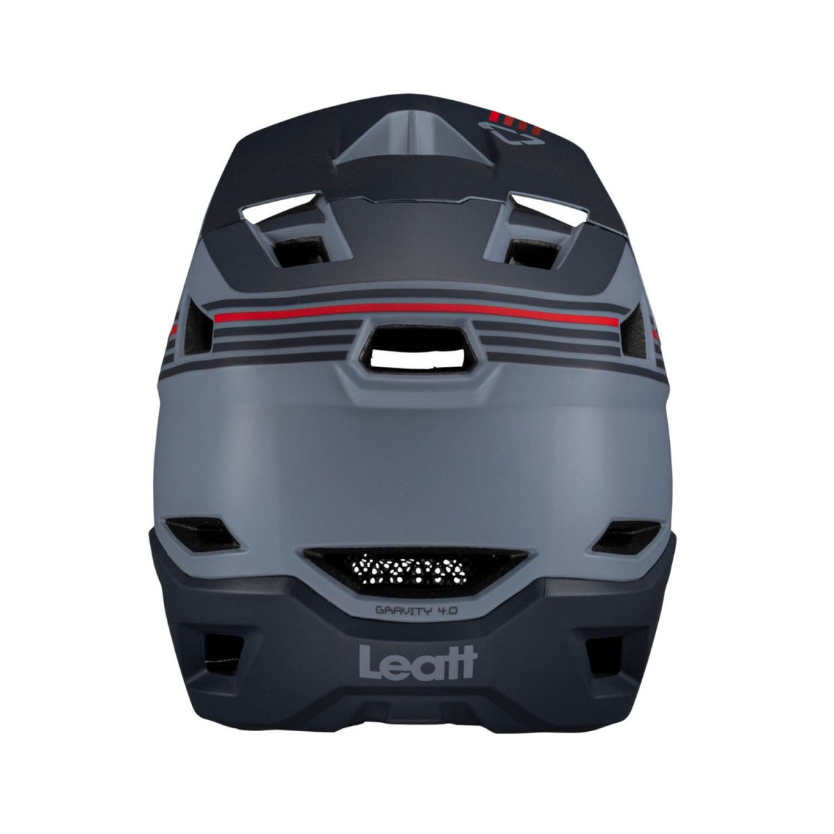 vista trasera del Casco integral de descenso y enduro Leatt DBX Gravity 4.0 2023 titanio en color gris / azul