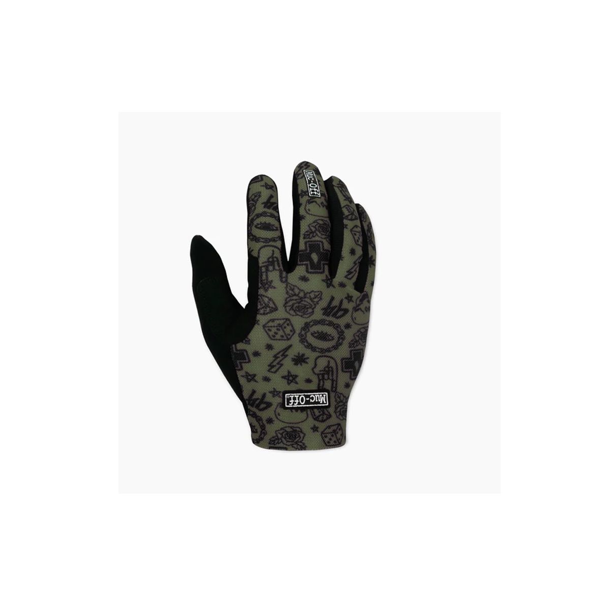Guantes Muc-Off Mtb lightweight mesh en color verde con calaveras y rayos
