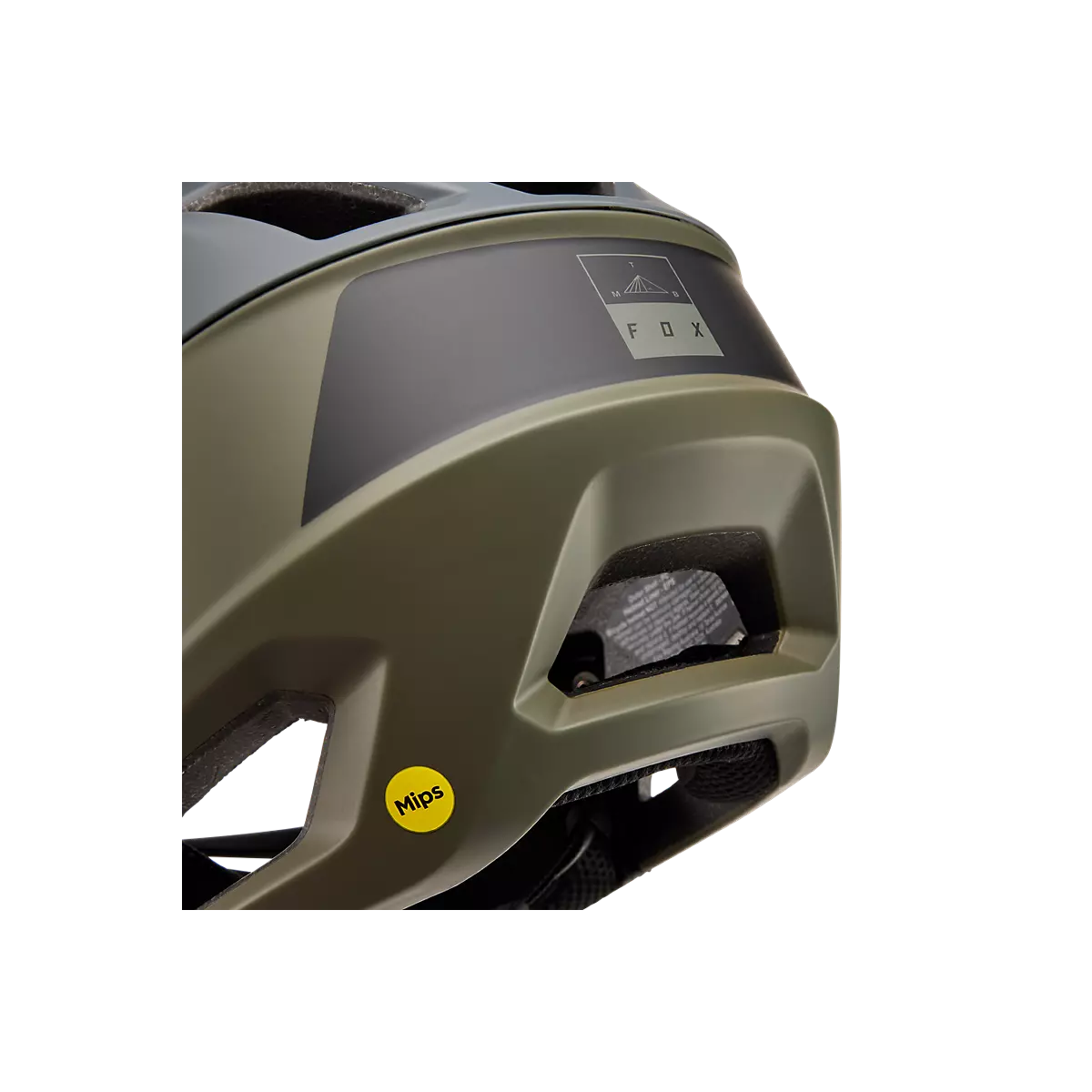 detalle de la parte trasera del Casco integral de MTB Enduro Fox Proframe MIPS en color verde militar oliva | 31469-099