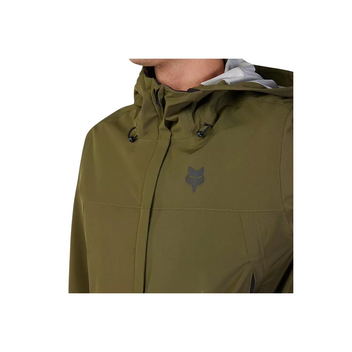 detalle del cuello de la de la Chaqueta impermeable y paravientos para bicicleta Fox Ranger 2.5L para mtb color verde oliva