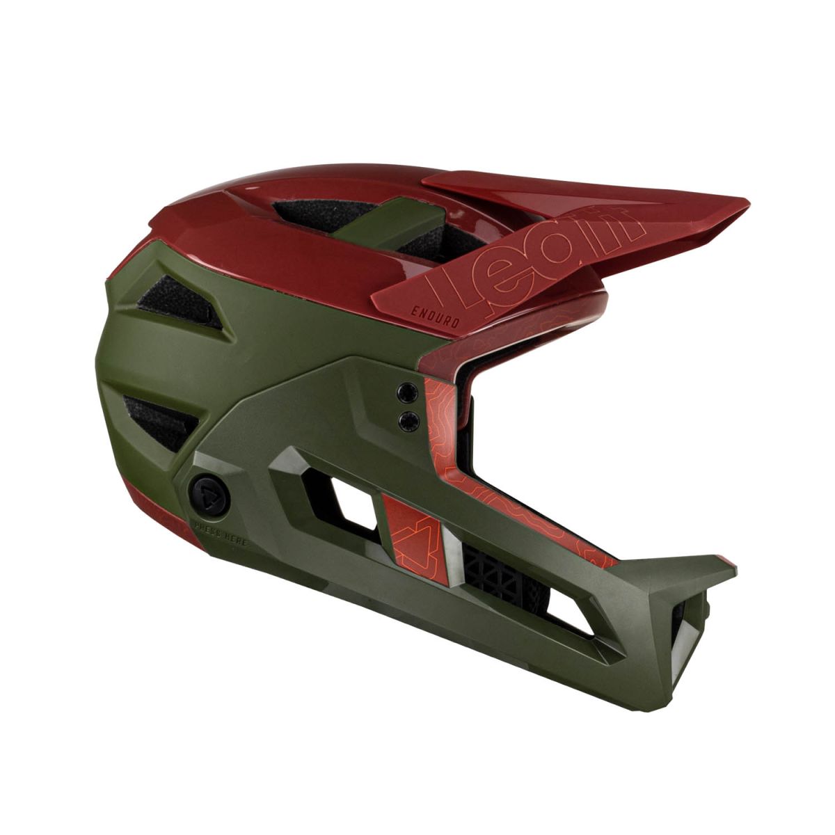 lateral Casco integral Leatt MTB Enduro 3.0 V23 desmontable en color granate verde para ebike o enduro con orejera