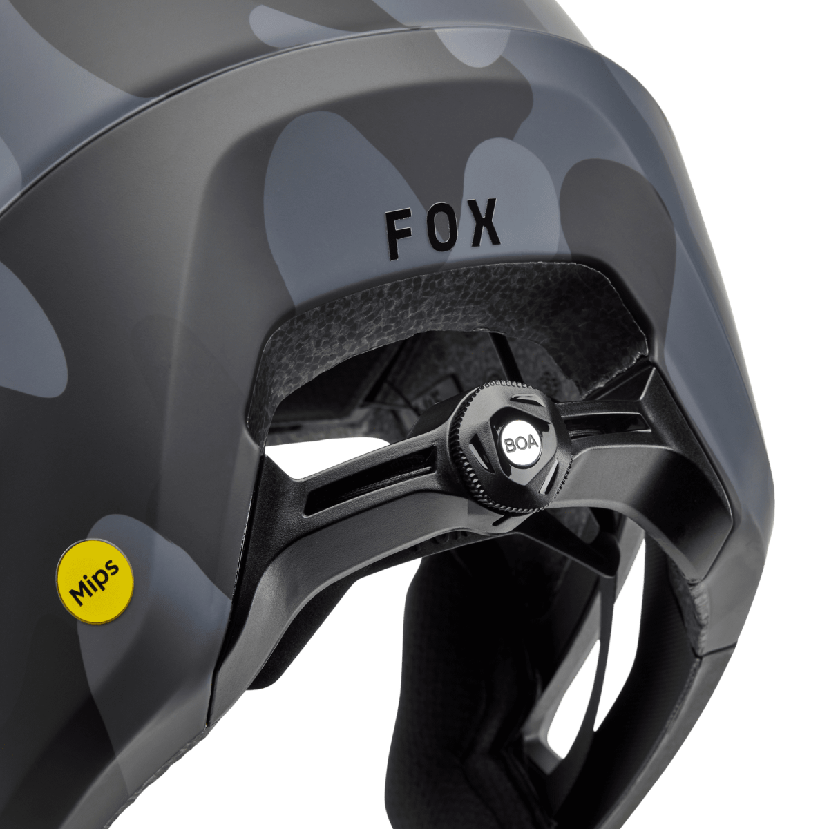 detalle del sistema boa del Casco de enduro Fox Dropframe Pro camuflaje negro y gris 31454-247