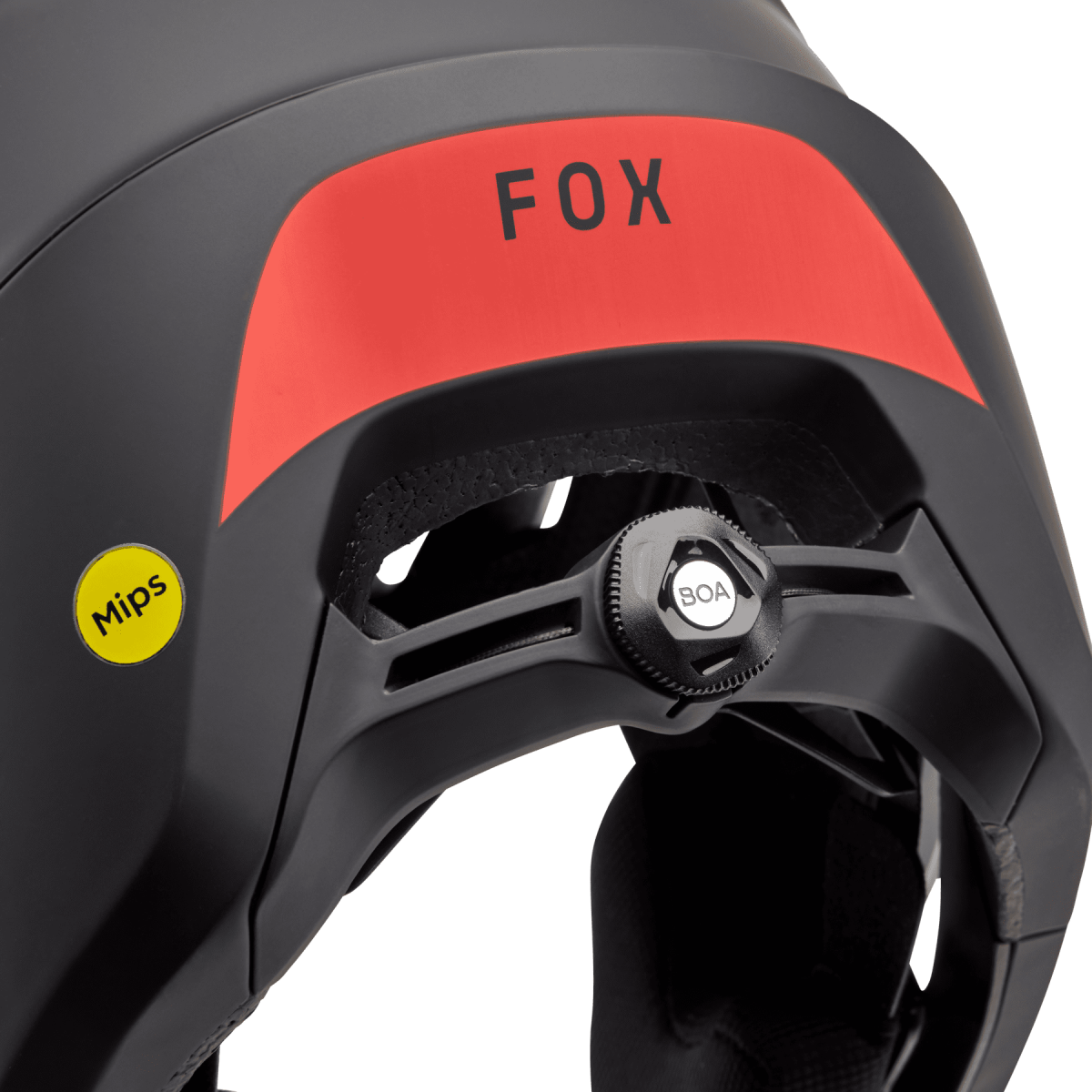 detalle del cierre trasero boa del Casco de enduro Fox Dropframe Pro blanco, negro y rojo 31460-018