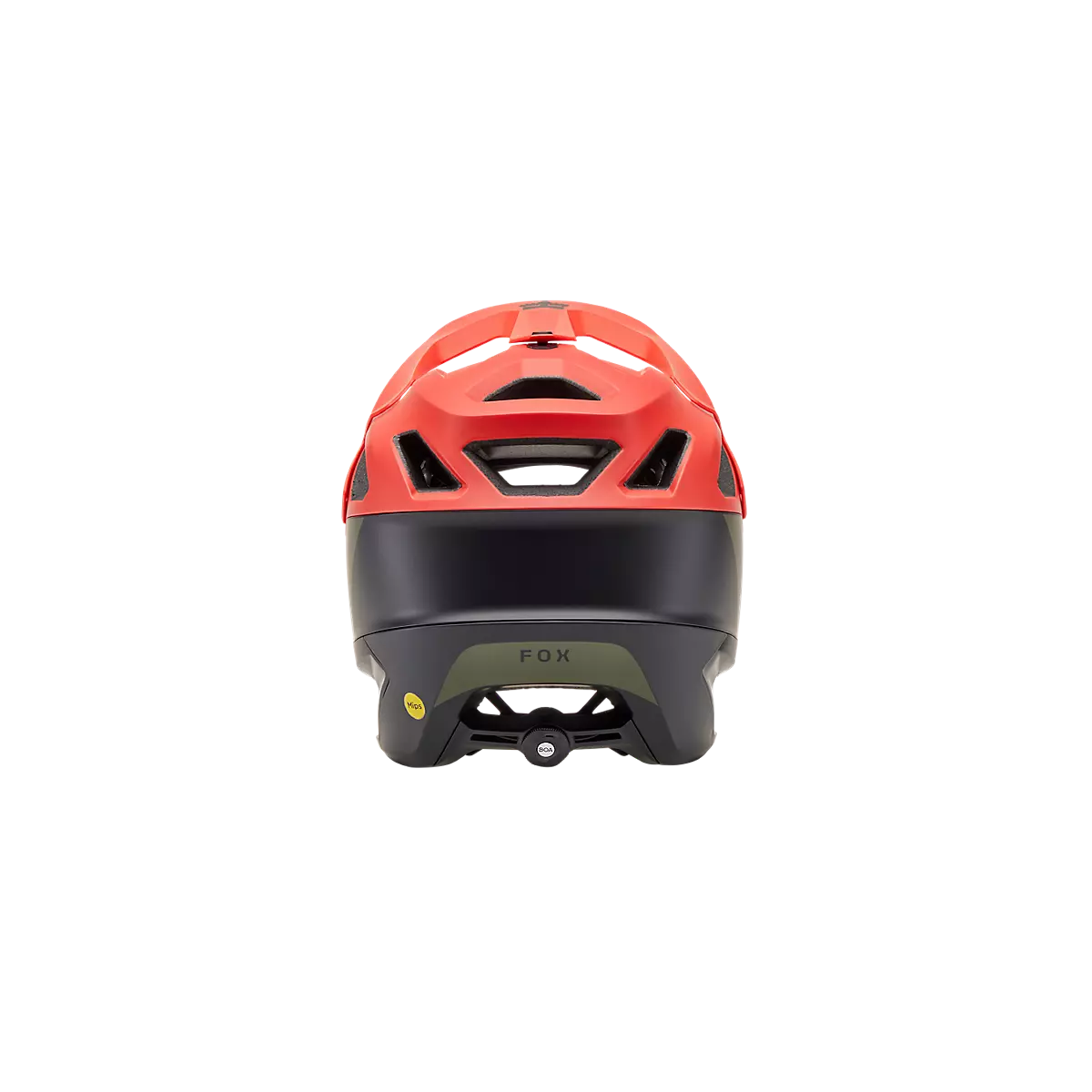 trasera del Casco de enduro Fox Dropframe Pro NYF verde, negro y rojo 31460-104