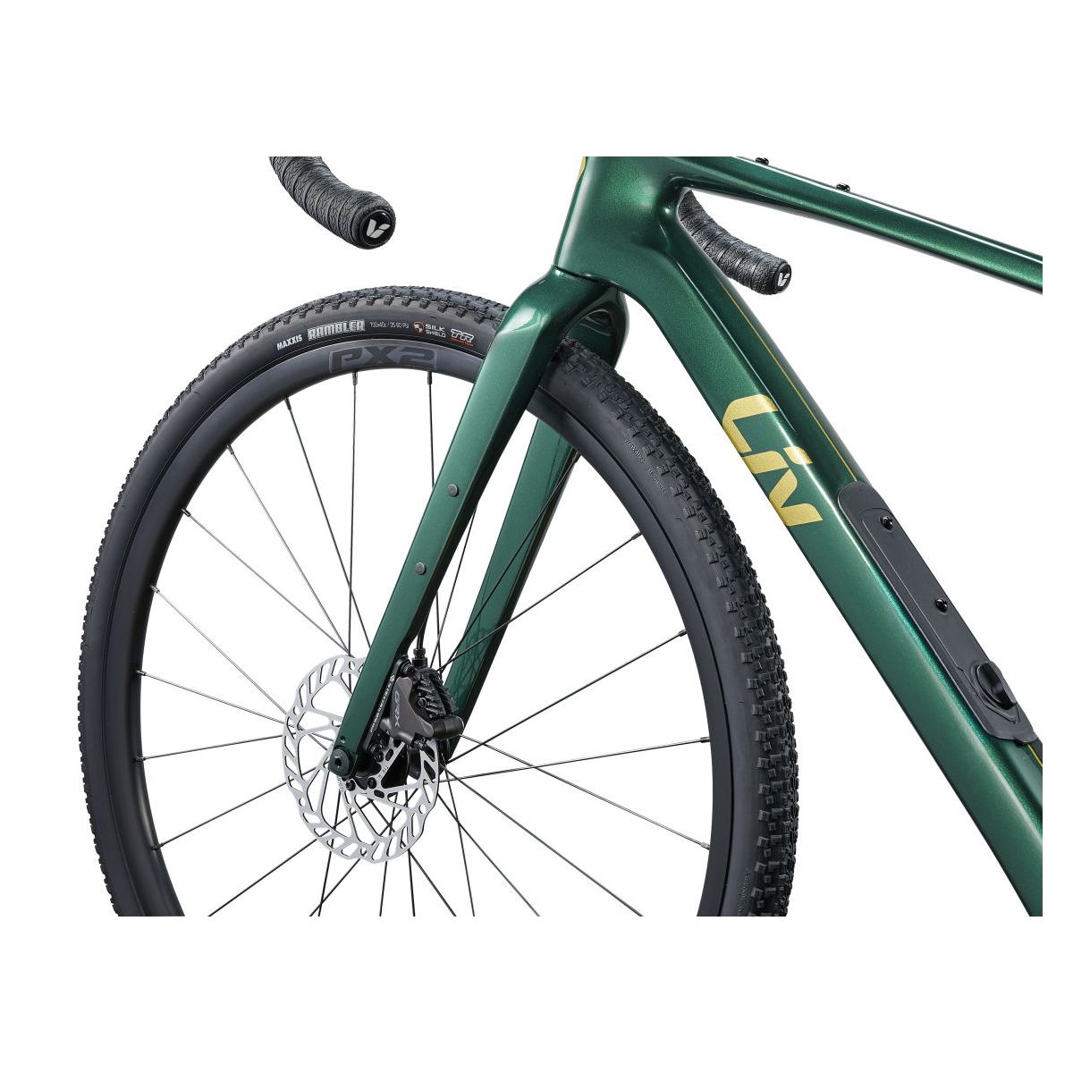 detalle del cuadro de carbono de la Bicicleta de gravel Liv Devote Advanced 2 2024 PARA MUJER en talla pequeña en color verde