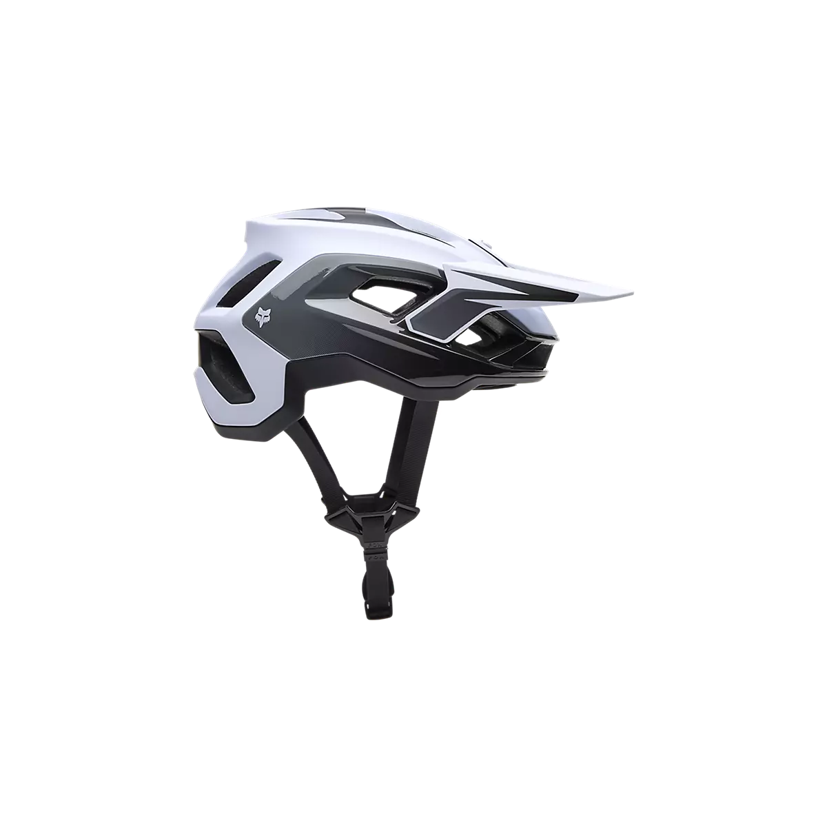 vista lateral del Casco de enduro Fox Speedframe Pro Defy Mips gris y blanco