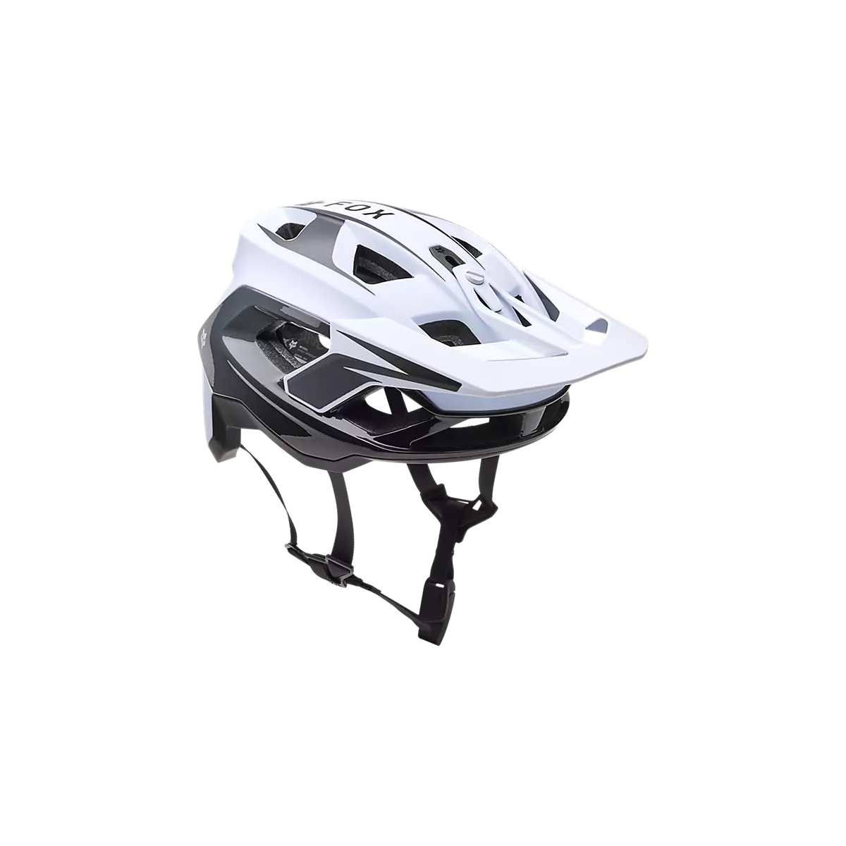 vista del Casco de enduro Fox Speedframe Pro Defy Mips gris y blanco