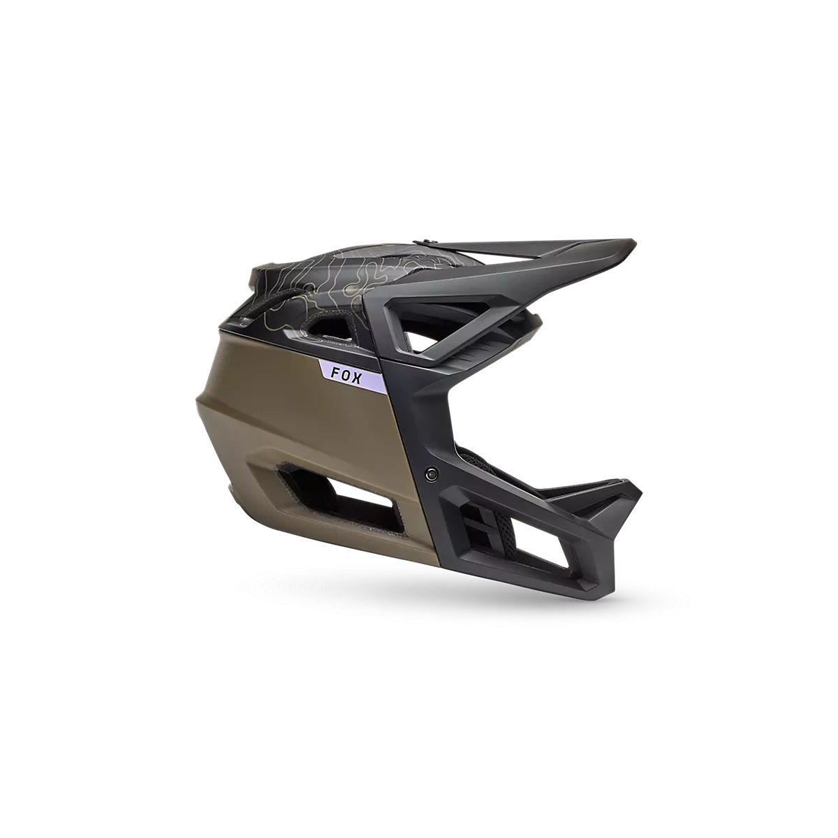 lateral Casco integral Enduro Fox Proframe Frecuency MIPS color negro y verde militar 33479-373