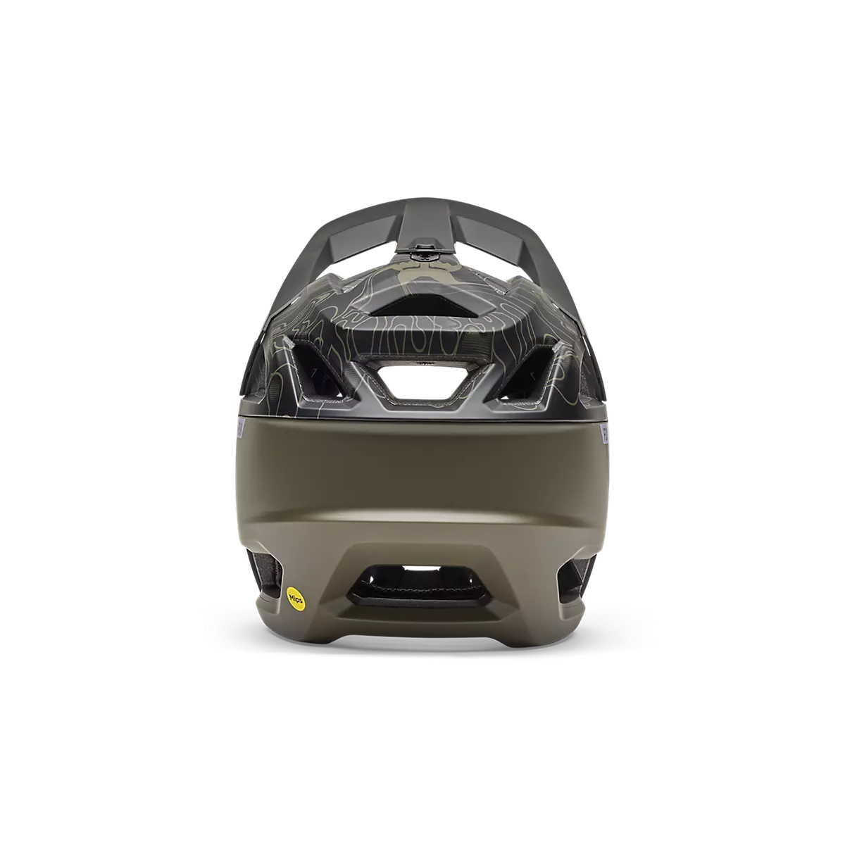 trasera del Casco integral Enduro Fox Proframe Frecuency MIPS color negro y verde militar 33479-373