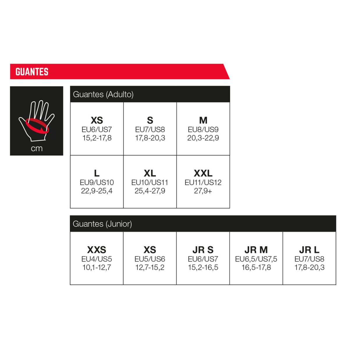 TABLA DE TALLAS Guantes Leatt Mtb 4.5 Lite con protección y velcro