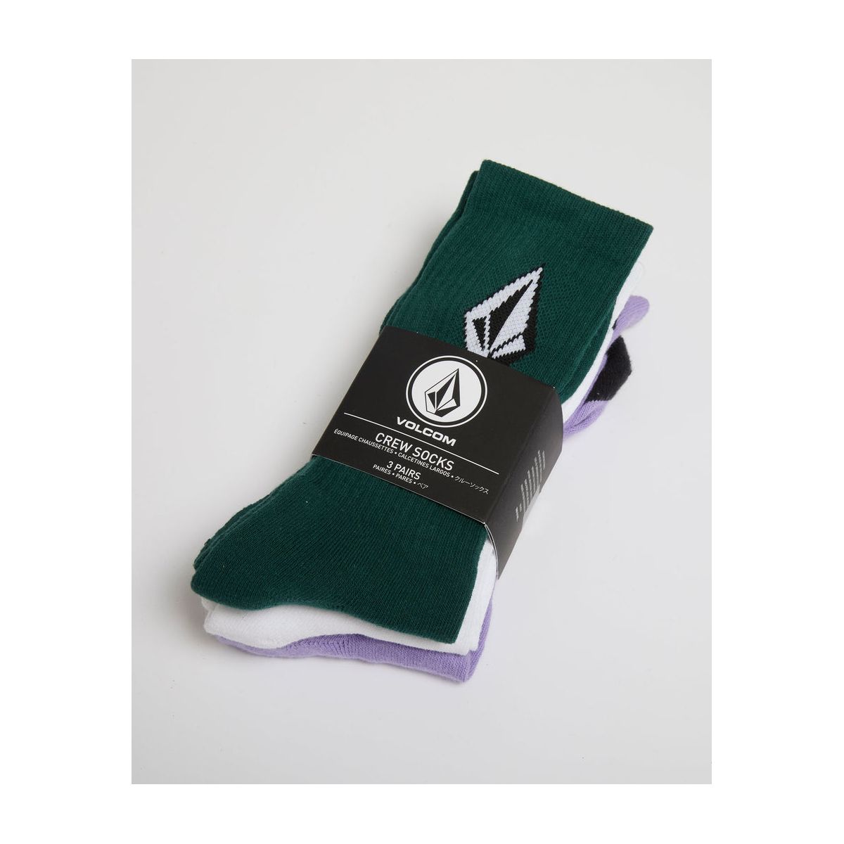 Pack de 3 calcetines Volcom Full Stone en verde, lila y blanco.