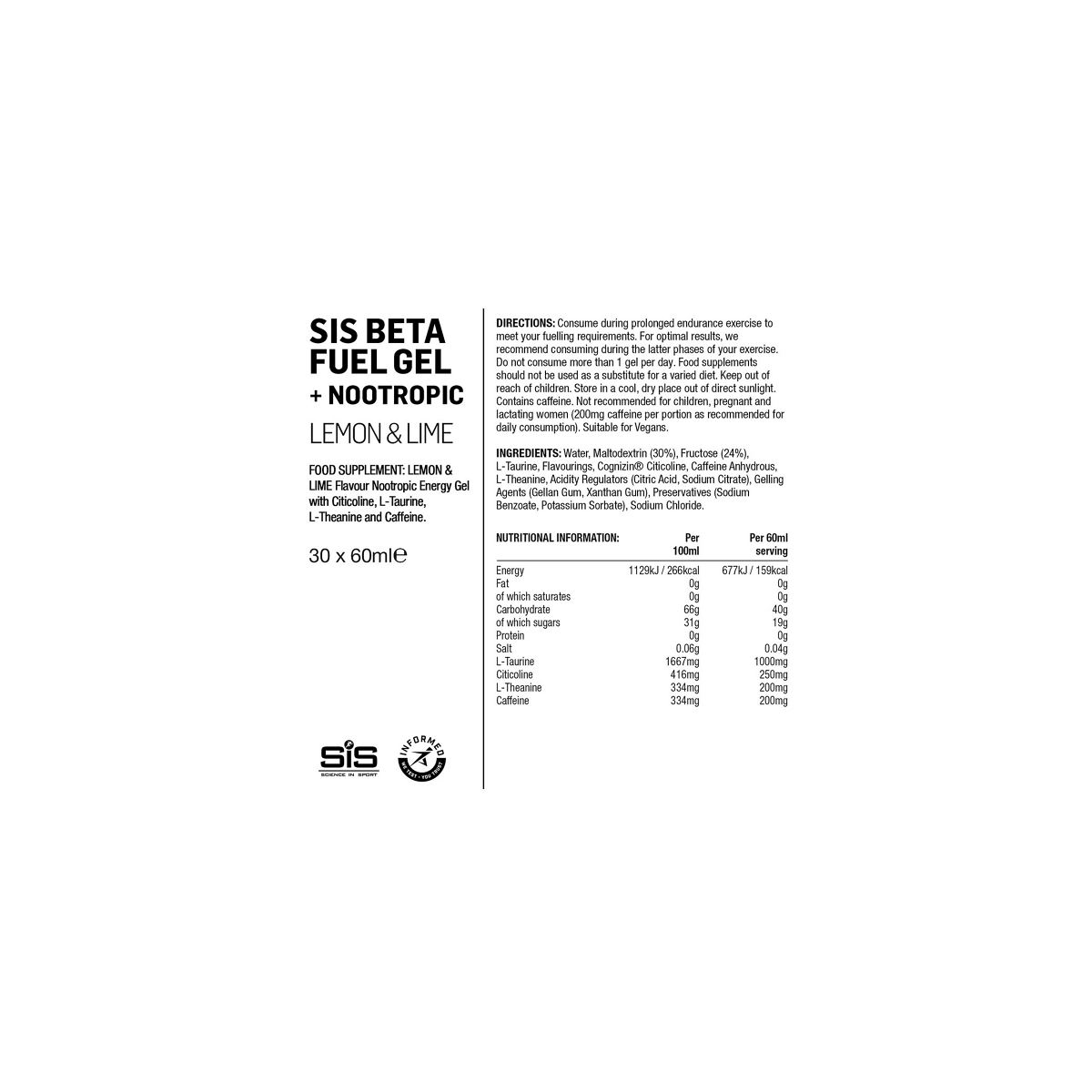 INFORMACION Gel SiS Beta Fuel + Nootropics 40g Carbohidratos 60 ml