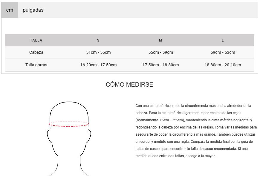 Guía de tallas del casco fox crossframe pro
