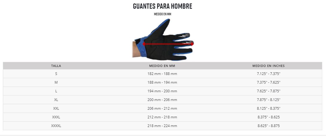Guía de tallas de los guantes FOX RANGER